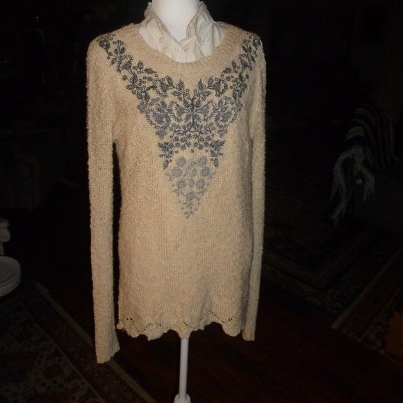 Solitaire Anthropologie Boho Embroidered Sweater  Sz L - Picture 1 of 11
